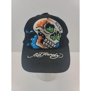 Vintage Distressed Ed Hardy Embroidered Trucker Hat Skull Rhinestone Mesh SnapB